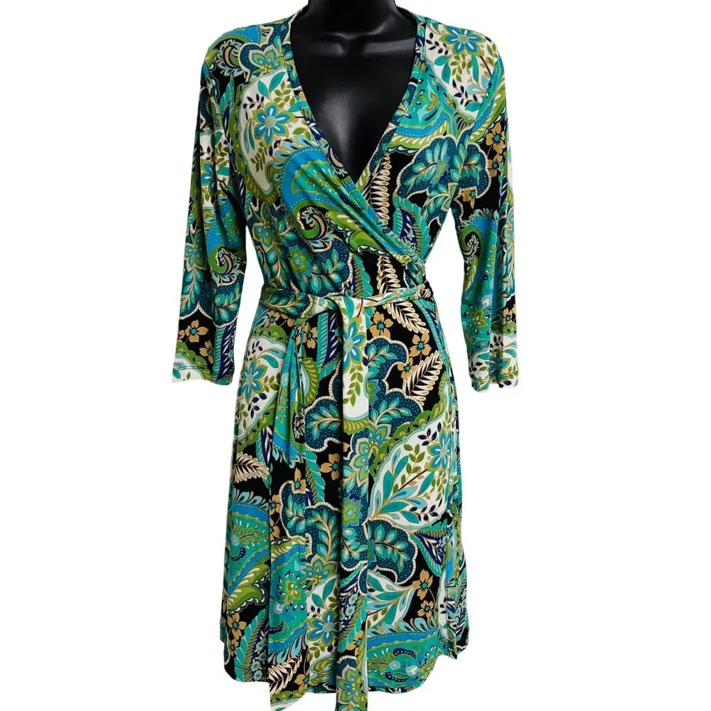Banana Republic Women Warp Dress Size Small S Blue Green Floral 3/4 Stretch EUC - Picture 1 of 8